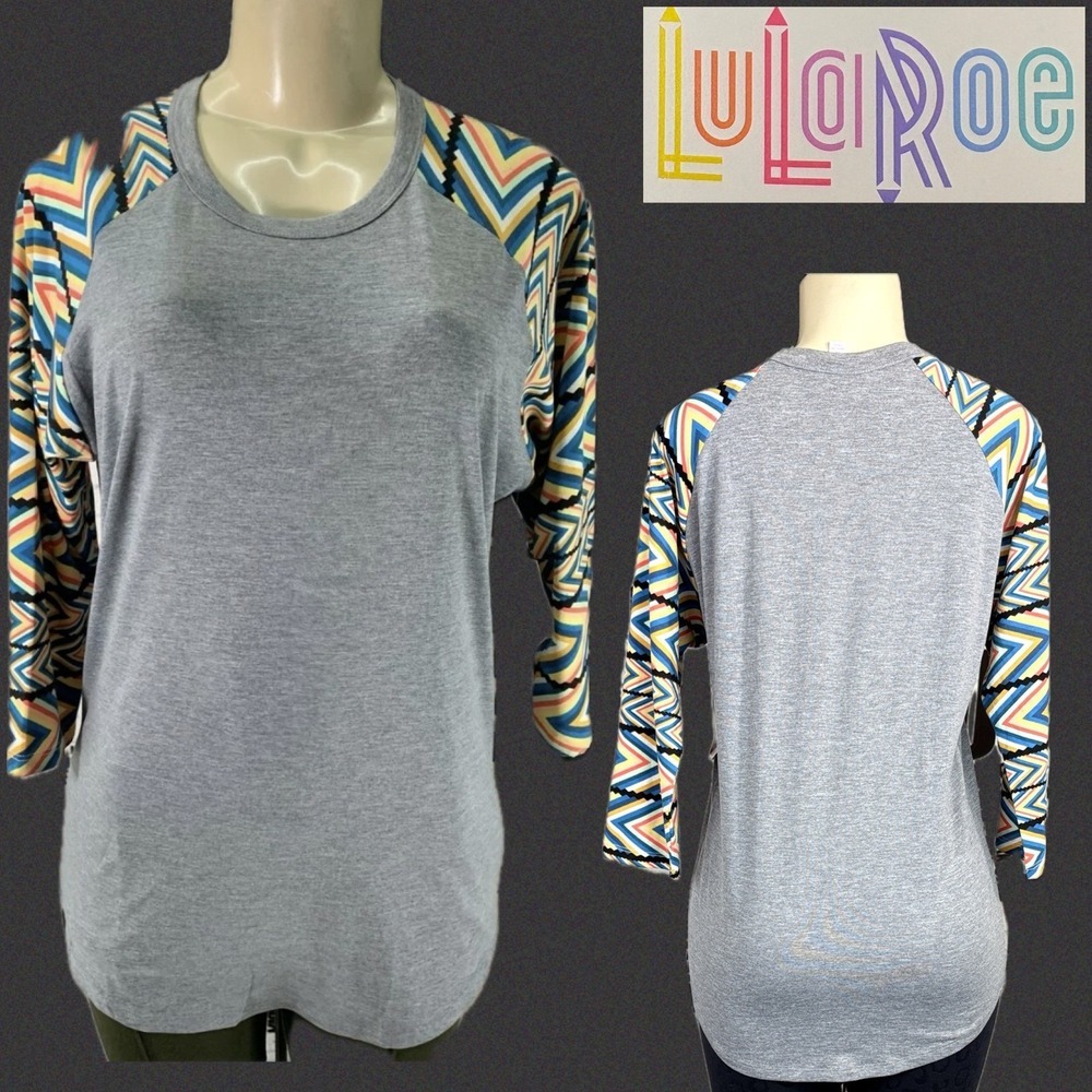 LuLaRoe Randy Baseball Tee Heather Gray Geometric Chevron 3/4 Raglan Sleeve M